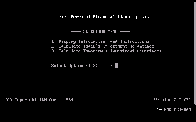 IBM Personal Financial Planning 2.0 - Menu